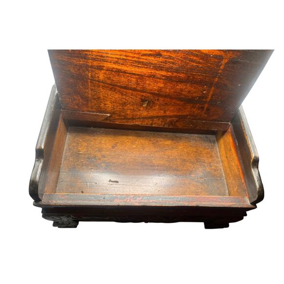Antique Chinese Carved Red Lacquered Box with Lid & Side Drawer Signed on Bottom - Picture 8 of 12